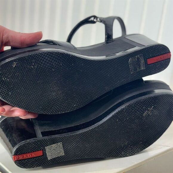 Prada Sport Black Wedge Sandals 40.5 Strappy Platform Hook & Loop Designer Shoes - Picture 10 of 11